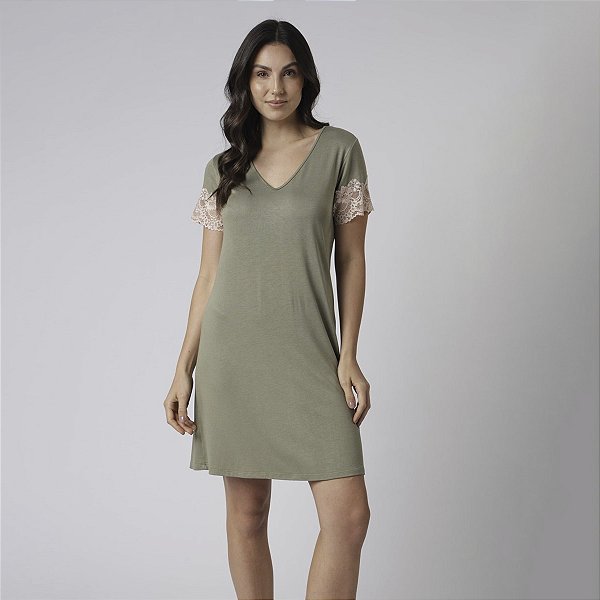Camisão Feminino Curto Verde Oliva com Renda