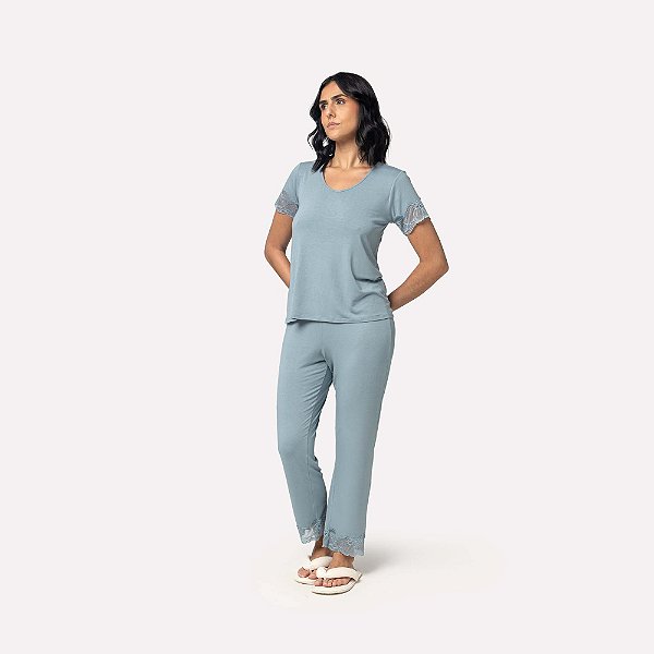 Pijama Feminino Capri Azul Delave com Renda