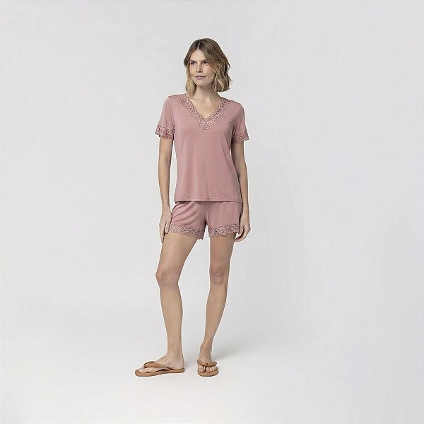 Pijama Feminino Curto Rosa Princess com Renda