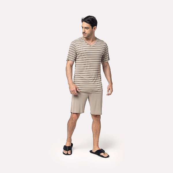 Pijama Masculino Curto Listrado Castanho