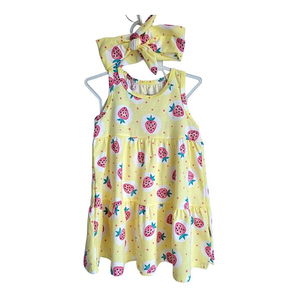 Vestido estampa morangos com faixa de cabelo