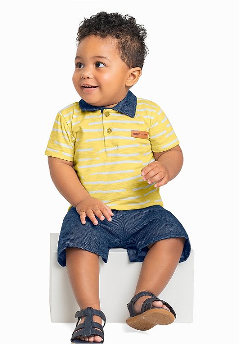 Conjunto camisa polo e bermuda em chambray