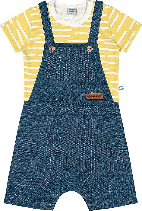 Conjunto jardineira em moletinho jeans e camiseta meia malha