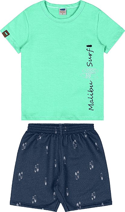 Conjunto masculino camiseta meia malha e bermuda moletinho estampa pranchas