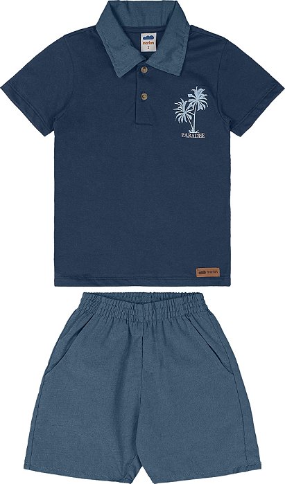 Conjunto camisa polo em malha penteada e bermuda em chambray jeans