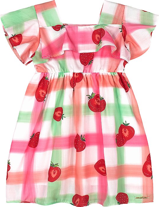 Vestido em tricoline estampa morangos