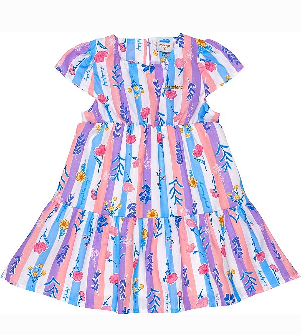 Vestido em tricoline listrado floral