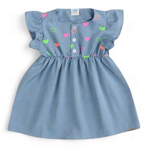 Vestido em chambraya jeans estampa corações