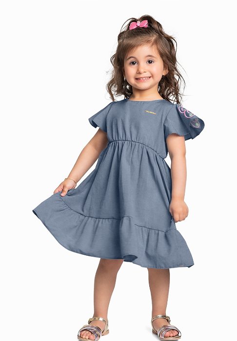 Vestido em chambraya jeans com bordados nas mangas