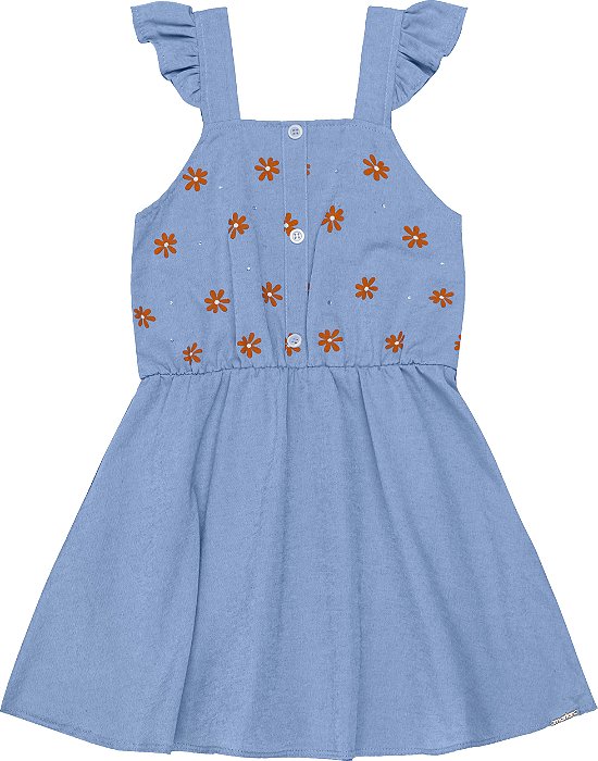 Vestido em chambraya jeans florzinha com strass