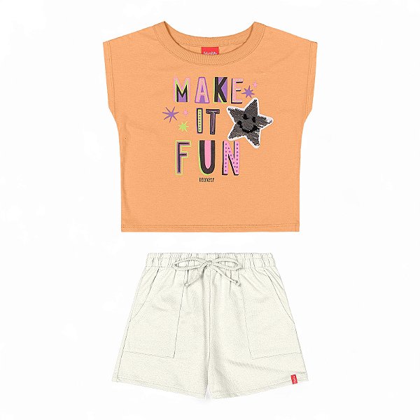Conjunto camisa em meia malha com paetes reversíveis e shorts em moletinho