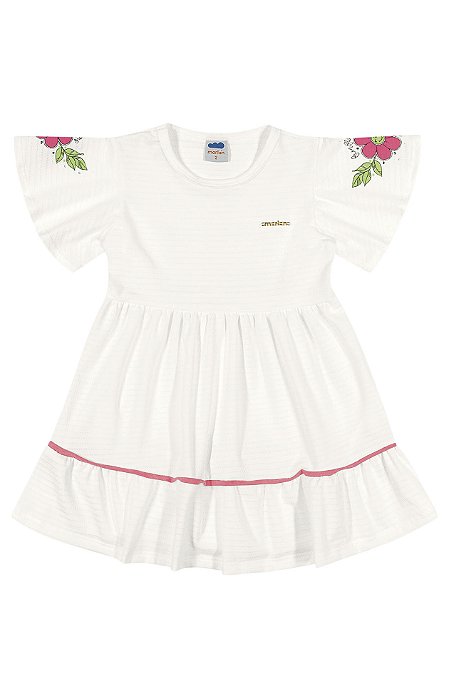 Vestido branco em cotton maquinetado com detalhes nas mangas