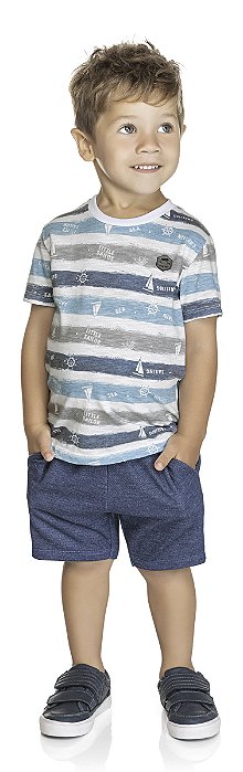 Conjunto masculino camisa listrada estampa estilo naval e shorts em molecotton jeans