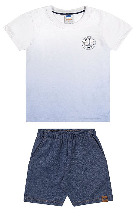 Conjunto masculino camisa branco degrade e shorts em moletinho jeans