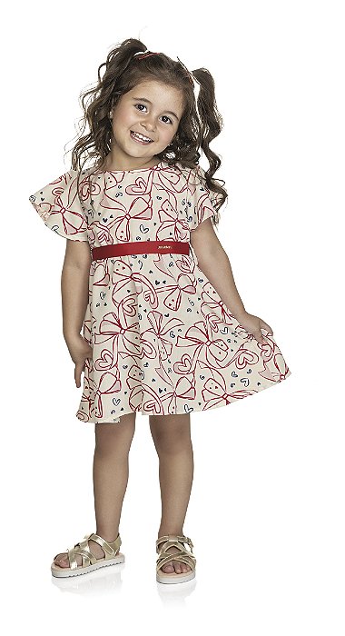 Vestido em tricoline com cinto vermelho