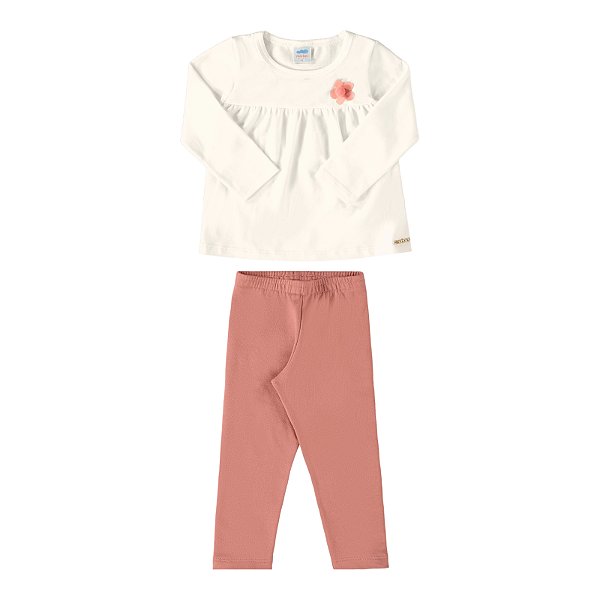 Conjunto manga longa em cotton penteado florzinha