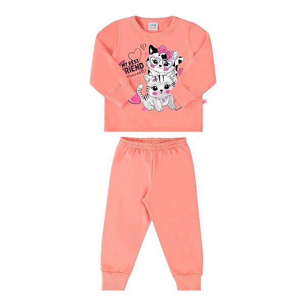 Conjunto moletom estampa gatinhos cor salmão