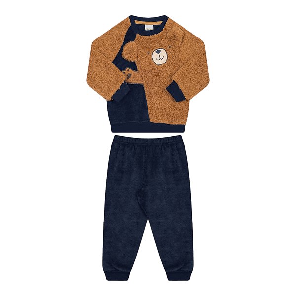 Conjunto masculino em pelinhos, carinha de ursinho na cor marinho/mostarda