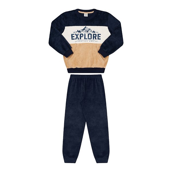 Conjunto casaco e calça em pelinhos estampa explore