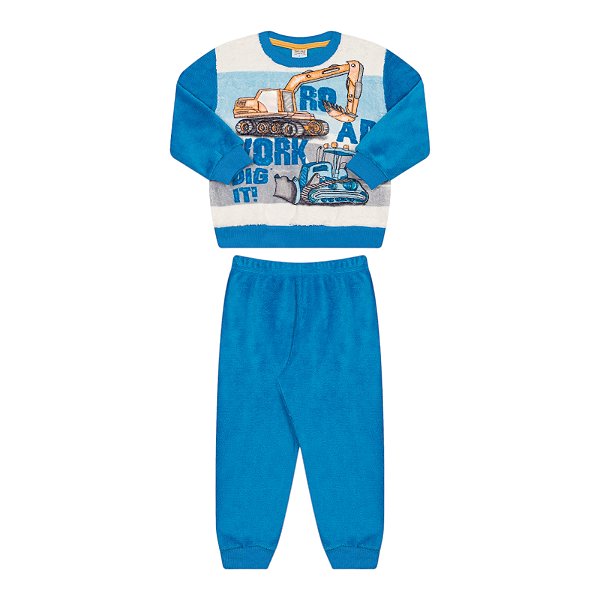 Conjunto masculino casaco e calça em pelinhos na cor azul com estampa trator