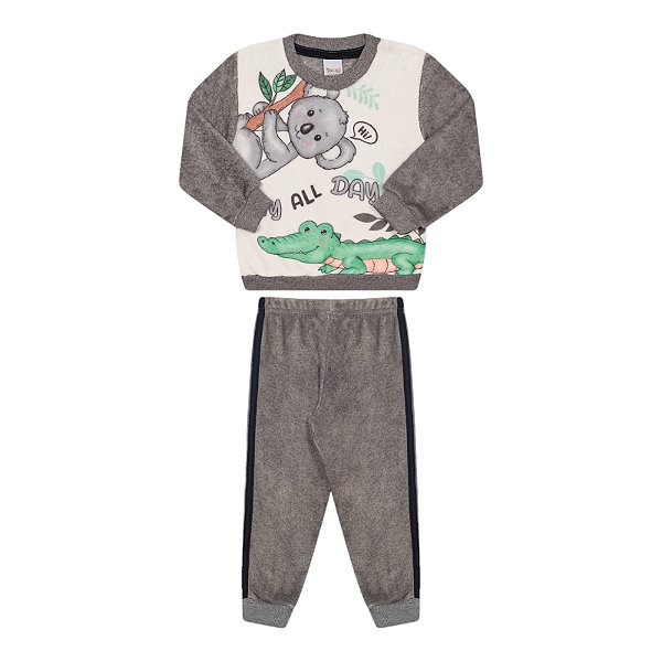 Conjunto masculino casaco e calça em pelinhos estampa animais