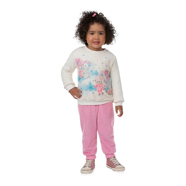 Conjunto feminino casaco e calça em pelinhos estampado, com aplicações