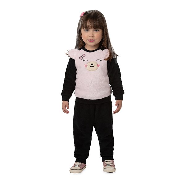 Conjunto feminino casaco e calça em pelinhos estampa ursinho