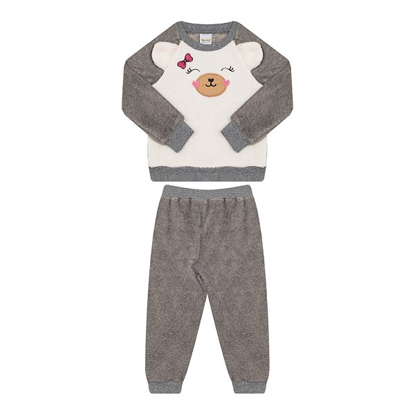 Conjunto feminino casaco e calça em pelinhos estampa ursinho