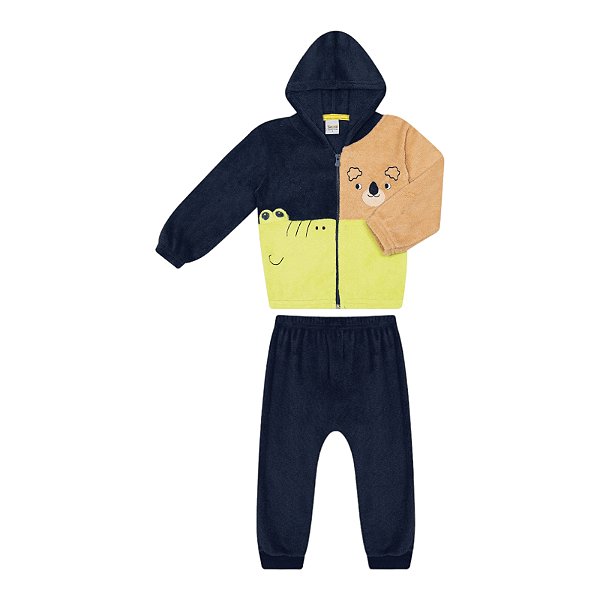 Conjunto em pelinhos estampa ursinho, com capuz