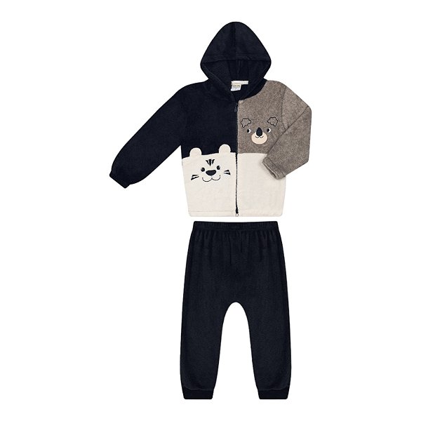 Conjunto em pelinhos estampa ursinho, com capuz