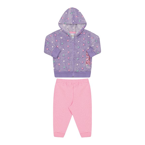 Conjunto feminino casaco em pelinhos com capuz e calça em moletom