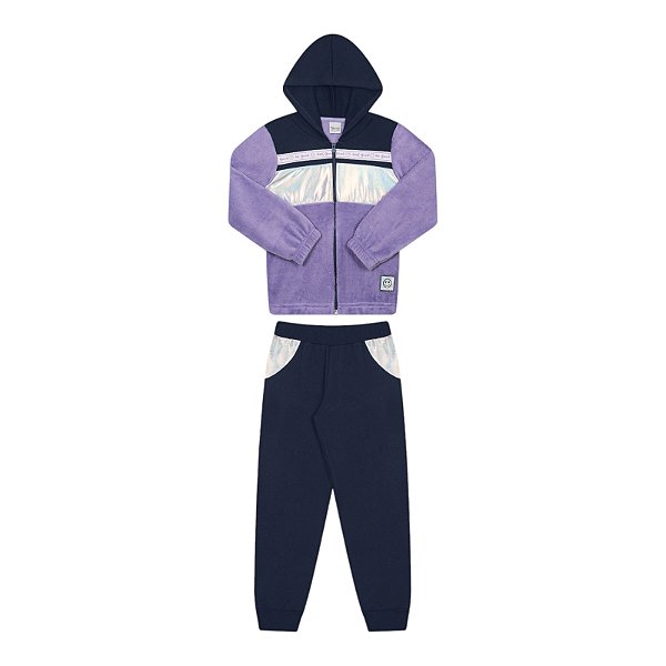 Conjunto feminino casaco em pelinhos com holográficos e calça moletom