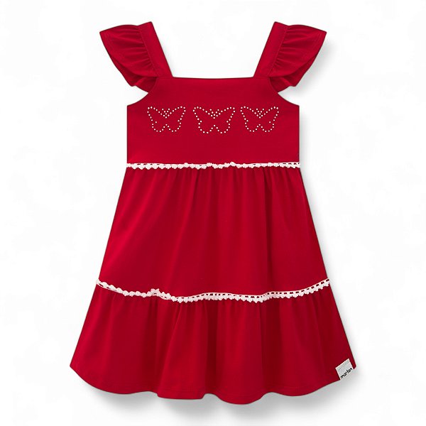 Vestido em meia malha penteada estampa borboletas em strass