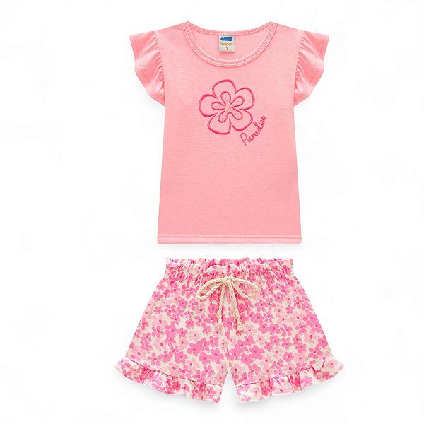 Conjunto blusa em meia malha com bordado e shorts em cotton maquinetado