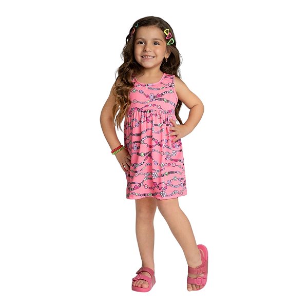 Vestido em meia malha estampa alegria cor rosa