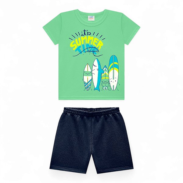 Conjunto em meia malha estampa pranchas e tubarõezinhos