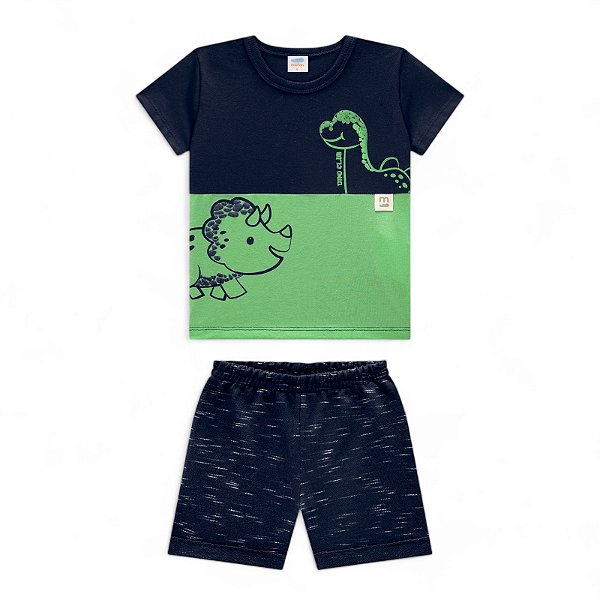 Conjunto em meia malha e shorts em moletinho Jet estampa dinos
