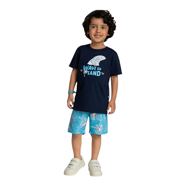 Conjunto em meia malha penteada e bermuda em microfibra estampada