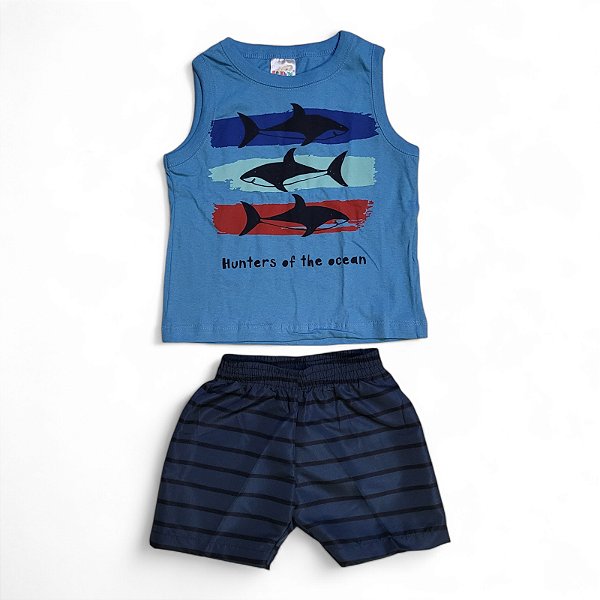 Conjunto regata e bermuda em tactel estampa tubarões