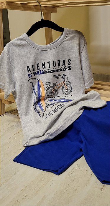 Conjunto camiseta meia malha estampa bikes e bermuda em moletinho