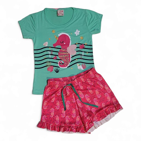 Conjunto feminino estampa interativa cavalos marinhos