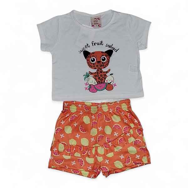 Conjunto feminino com estampa interativa gatinha e frutas