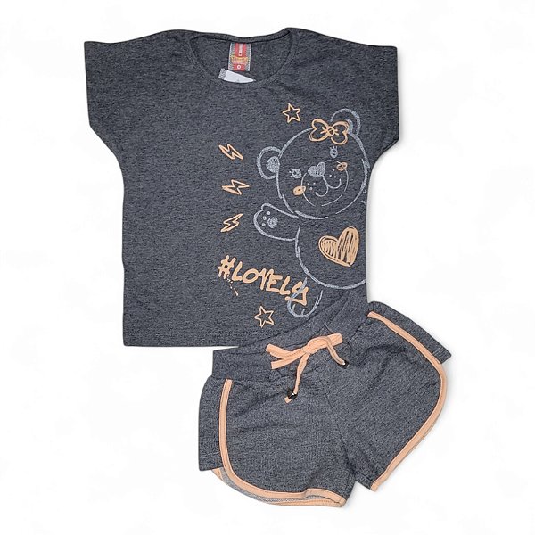 Conjunto feminino meia malha e shorts em moletinho estampa ursinha