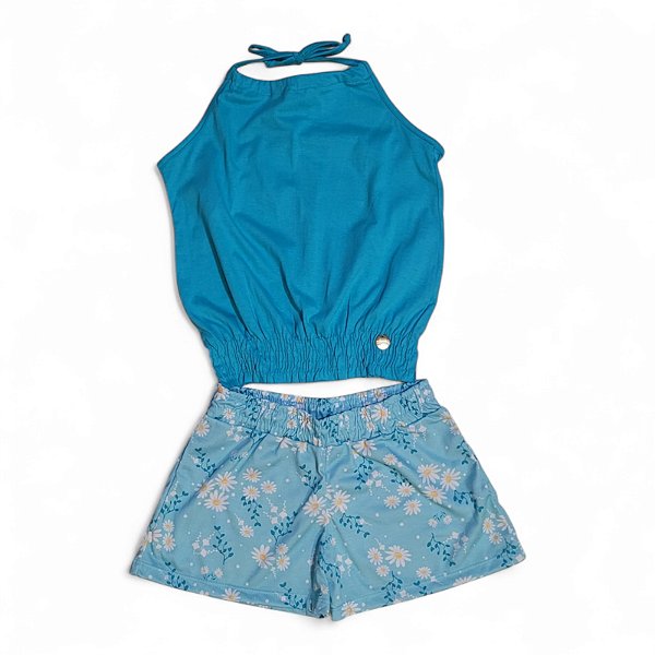 Conjunto feminino frente única e shorts estampado margaridas