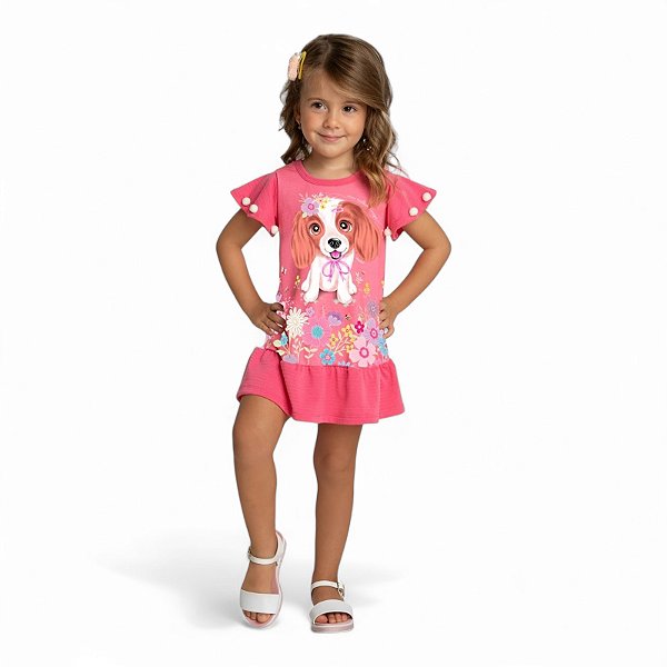 Vestido estampa cãozinho em cotton maquinetado