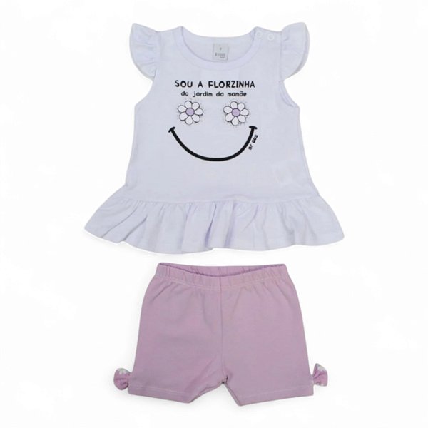 Conjunto bebê blusa estampa flores com strass e bermuda com detalhes nas laterais