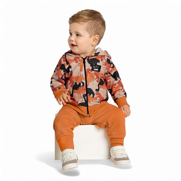 Conjunto masculino casaco aberto e com capuz estampa dinossauros