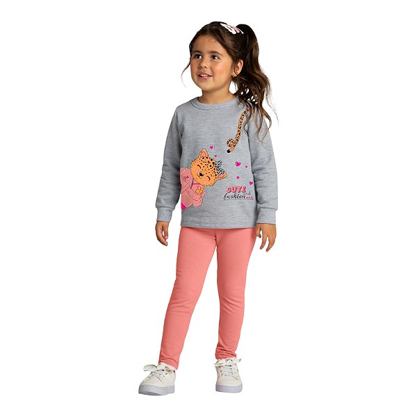 Conjunto moletom estampa oncinha cor cinza e legginge rosa