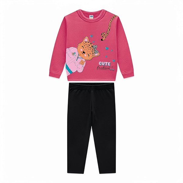 Conjunto moletom estampa oncinha cor rosa e legging preta