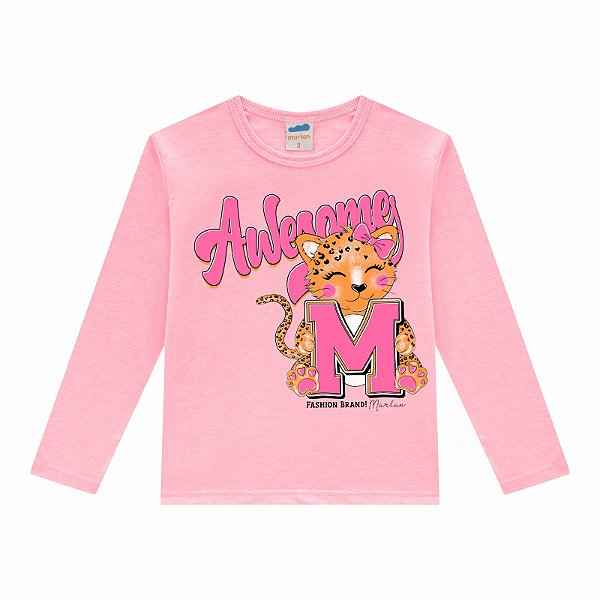 Blusa feminina manga longa estampa oncinha na cor rosa